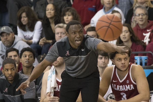 Alabama head coach Avery Johnson gestures during the first half of an NCAA basketball game against the BYU, Friday, Nov. 24, 2017, in New York. (AP Photo/Mary Altaffer)