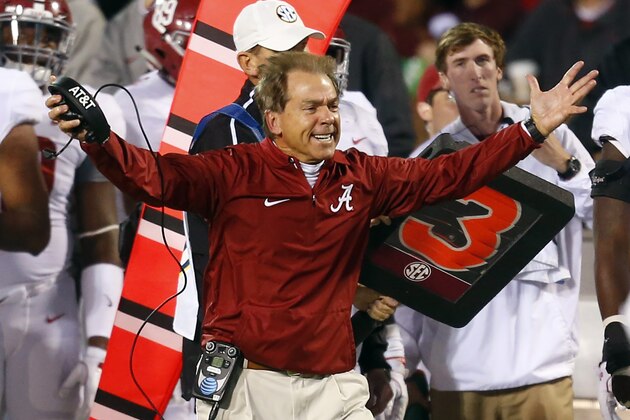STARKVILLE, MS - NOVEMBER 11:  head coach Nick Saban of the Alabama Crimson Tide reacts to a play during the second half of an NCAA football game against the Mississippi State Bulldogs at Davis Wade Stadium on November 11, 2017 in Starkville, Mississippi. (Photo by Butch Dill/Getty Images)