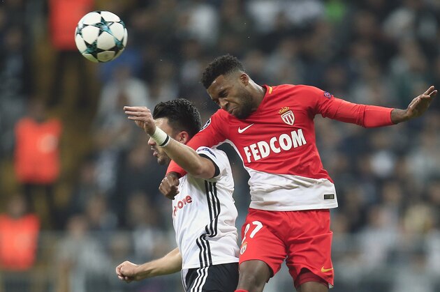 Monaco's Thomas Lemar, right, challenges Besiktas' Tolgay Arslan during the Champions League group G soccer match between Besiktas and Monaco at the Besiktas Park stadium in Istanbul, Wednesday, Nov. 1, 2017. (AP Photo/Lefteris Pitarakis)
