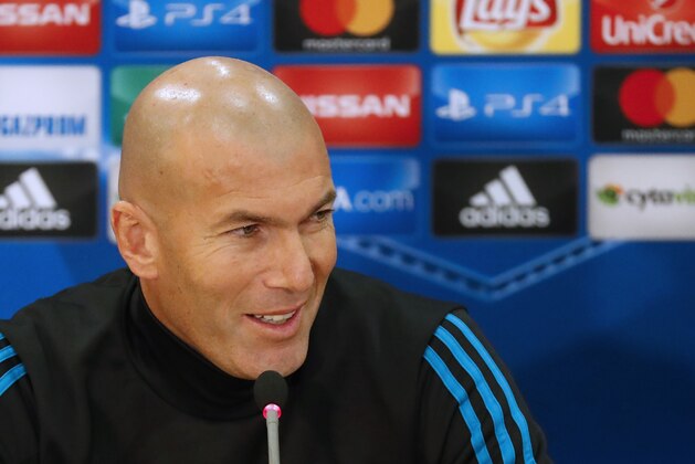 Real Madrid's French coach Zinedine Zidane attends a press conference in the Cypriot capital Nicosia's GSP Stadium on the eve of the UEFA Champions League football match APOEL FC against Real Madrid, on November 20, 2017.  / AFP PHOTO / Jack GUEZ        (Photo credit should read JACK GUEZ/AFP/Getty Images)