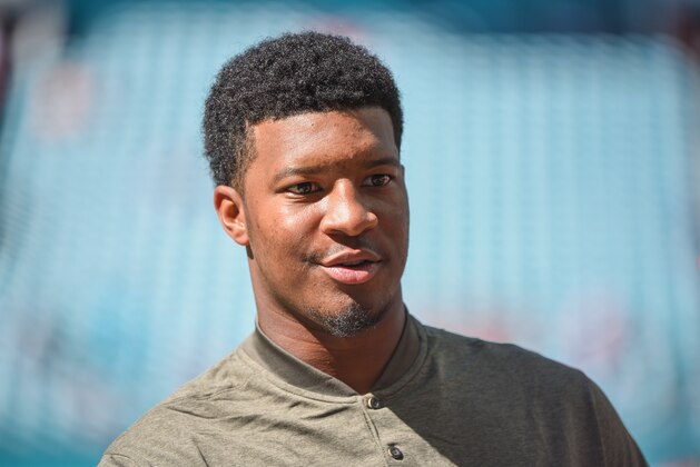 MIAMI GARDENS, FL - NOVEMBER 19:  Jameis Winston #3 of the Tampa Bay Buccaneers before the game against the Miami Dolphins at Hard Rock Stadium on November 19, 2017 in Miami Gardens, Florida. (Photo by Mark Brown/Getty Images)