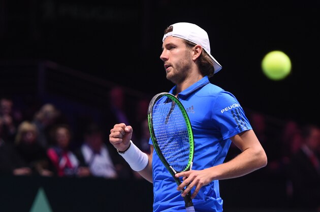 France's Lucas Pouille reacts during his during his singles rubber 5 match against Belgium's Steve Darcis at the Davis Cup World Group final tennis match between France and Belgium at The Pierre Mauroy Stadium in Villeneuve d'Ascq near Lille on November 26, 2017.  / AFP PHOTO / Philippe HUGUEN        (Photo credit should read PHILIPPE HUGUEN/AFP/Getty Images)