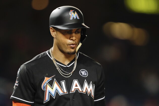 Miami Marlins' Giancarlo Stanton walks to the batters box in the seventh inning of a baseball game against the Washington Nationals at Nationals Park, Tuesday, Aug. 29, 2017, in Washington. (AP Photo/Pablo Martinez Monsivais)