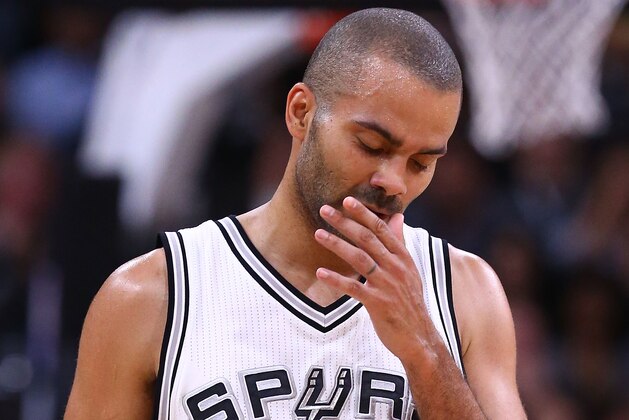 SAN ANTONIO, TX - MAY 03:  Tony Parker #9 of the San Antonio Spurs reacts against the Houston Rockets during Game Two of the NBA Western Conference Semi-Finals at AT&T Center on May 3, 2017 in San Antonio, Texas.  NOTE TO USER: User expressly acknowledges and agrees that, by downloading and or using this photograph, User is consenting to the terms and conditions of the Getty Images License Agreement.  (Photo by Ronald Martinez/Getty Images)