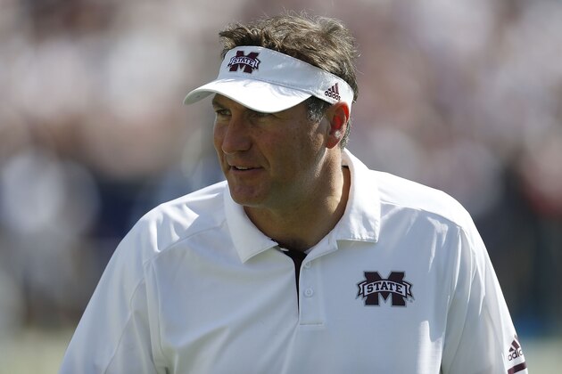 STARKVILLE, MS - OCTOBER 14:  Head coach Dan Mullen of the Mississippi State Bulldogs reacts during a game against the Brigham Young Cougars at Davis Wade Stadium on October 14, 2017 in Starkville, Mississippi.  (Photo by Jonathan Bachman/Getty Images)
