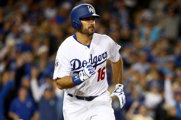 LOS ANGELES, CA - NOVEMBER 01:  Andre Ethier #16 of the Los Angeles Dodgers runs after hitting a RBI single to score Joc Pederson #31 (not pictured) during the sixth inning against the Houston Astros in game seven of the 2017 World Series at Dodger Stadium on November 1, 2017 in Los Angeles, California.  (Photo by Ezra Shaw/Getty Images)