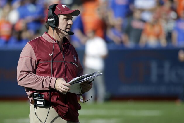 Florida State head coach Jimbo Fisher watches play against Florida during the second half of an NCAA college football game, Saturday, Nov. 25, 2017, in Gainesville, Fla. Florida State won 38-22. (AP Photo/John Raoux)