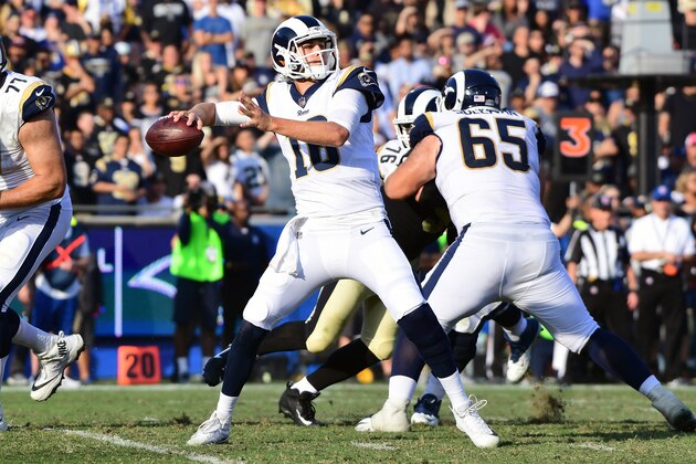 LOS ANGELES, CA - NOVEMBER 26:  Jared Goff #16 of the Los Angeles Rams throws into the pocket during the second quarter of the game against the New Orleans Saints at the Los Angeles Memorial Coliseum on November 26, 2017 in Los Angeles, California.  (Photo by Harry How/Getty Images)