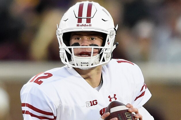 MINNEAPOLIS, MN - NOVEMBER 25: Alex Hornibrook #12 of the Wisconsin Badgers looks to passes the ball against the Minnesota Golden Gophers during the third quarter of the game on November 25, 2017 at TCF Bank Stadium in Minneapolis, Minnesota. The Badgers defeated the Golden Gophers 31-0. (Photo by Hannah Foslien/Getty Images)