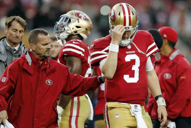 San Francisco 49ers quarterback C.J. Beathard walks off the field after an injury late in the fourth quarter of an NFL football game against the Seattle Seahawks Sunday, Nov. 26, 2017, in Santa Clara, Calif. (AP Photo/John Hefti)