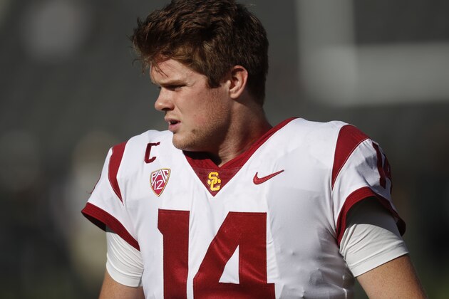 USC Trojans quarterback Sam Darnold (14) in the first half of an NCAA college football game Saturday, Nov. 11, 2017, in Boulder, Colo. (AP Photo/David Zalubowski) USC Trojans quarterback Sam Darnold (14) in the first half of an NCAA college football game Saturday, Nov. 11, 2017, in Boulder, Colo. (AP Photo/David Zalubowski)