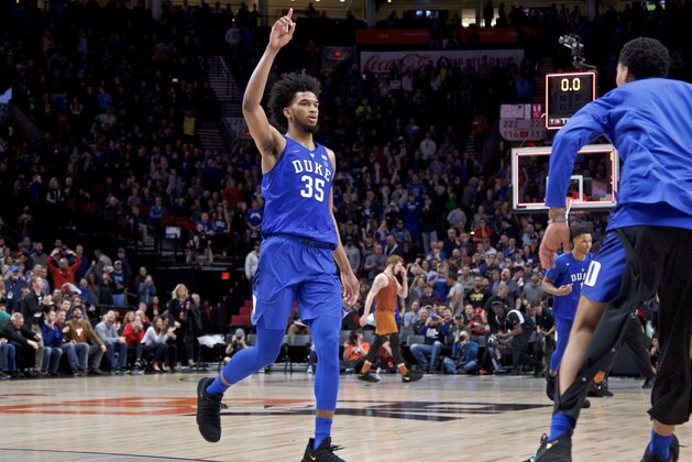 Duke forward Marvin Bagley III reacts at the end of overtime of an NCAA college basketball game against Texas in the Phil Knight Invitational tournament in Portland, Ore., Friday, Nov. 24, 2017. Duke won 85-78. (AP Photo/Craig Mitchelldyer)