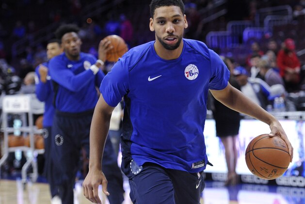 Philadelphia 76ers' Jahlil Okafor dribbles the ball during prior to an NBA basketball game against the Atlanta Hawks, Wednesday, Nov. 1, 2017, in Philadelphia. Okafor, the No. 3 pick of the 2015 draft, wants out after the Sixers declined to pick up his fourth-year contract option for next season. (AP Photo/Michael Perez)