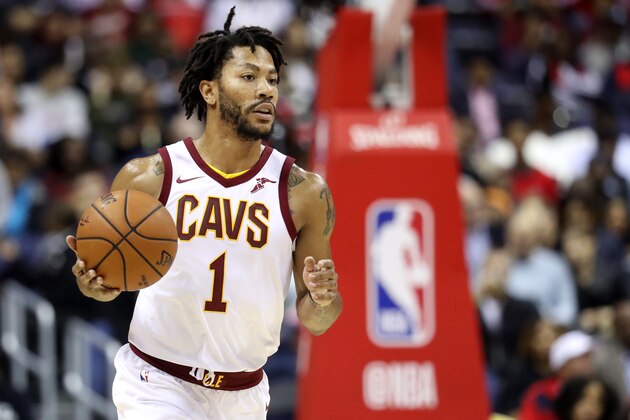 WASHINGTON, DC - NOVEMBER 3: Derrick Rose #1 of the Cleveland Cavaliers dribbles the ball against the Washington Wizards at Capital One Arena on November 3, 2017 in Washington, DC. NOTE TO USER: User expressly acknowledges and agrees that, by downloading and or using this photograph, User is consenting to the terms and conditions of the Getty Images License Agreement. (Photo by Rob Carr/Getty Images)