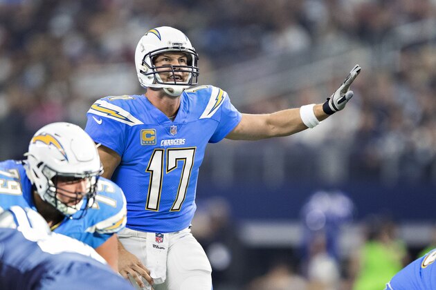ARLINGTON, TX - NOVEMBER 23:  Philip Rivers #17 of the Los Angeles Chargers yells out a play during a game against the Dallas Cowboys at AT&T Stadium on November 23, 2017 in Arlington, Texas.  The Chargers defeated the Cowboys 28-6.  (Photo by Wesley Hitt/Getty Images)