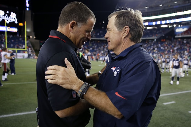 Tampa Bay Buccaneers head coach Greg Schiano, left, and New England Patriots head coach Bill Belichick, talk after their NFL preseason football game Friday, Aug. 16, 2013, in Foxborough, Mass. The Patriots won 25-21. (AP Photo/Michael Dwyer)