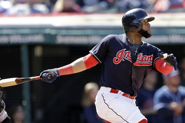 Cleveland Indians' Carlos Santana watches his ball after hitting a one-run double off Baltimore Orioles starting pitcher Gabriel Ynoa in the fifth inning of a baseball game, Saturday, Sept. 9, 2017, in Cleveland. Lonnie Chisenhall scored on the play. (AP Photo/Tony Dejak) Cleveland Indians' Carlos Santana watches his ball after hitting a one-run double off Baltimore Orioles starting pitcher Gabriel Ynoa in the fifth inning of a baseball game, Saturday, Sept. 9, 2017, in Cleveland. Lonnie Chisenhall scored on the play. (AP Photo/Tony Dejak)