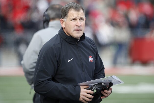 COLUMBUS, OH - NOVEMBER 11: Defensive coordinator Greg Schiano of the Ohio State Buckeyes looks on during a game against the Michigan State Spartans at Ohio Stadium on November 11, 2017 in Columbus, Ohio. Ohio State won 48-3. (Photo by Joe Robbins/Getty Images)