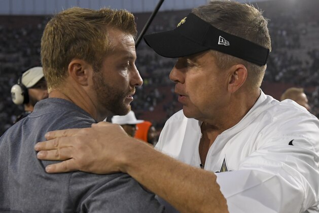 Los Angeles Rams head coach Sean McVay, left, greets New Orleans Saints head coach Sean Payton after their 26-20 win during an NFL football game Sunday, Nov. 26, 2017, in Los Angeles. (AP Photo/Mark J. Terrill)