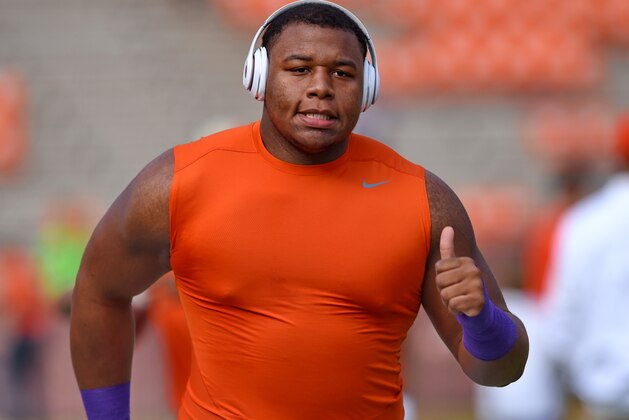 Clemson's Dexter Lawrence warms up before the start of an NCAA college football game against North Carolina State Saturday, Oct. 15, 2016,  in Clemson,  S.C. Clemson won 24-17 in overtime.  (AP Photo/Richard Shiro)