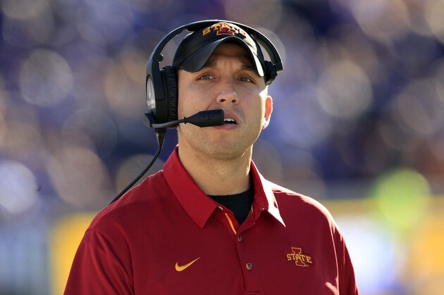 Iowa State head coach Matt Campbell looks at the scoreboard during the first half of an NCAA college football game against Kansas State in Manhattan, Kan., Saturday, Nov. 25, 2017. (AP Photo/Orlin Wagner)
