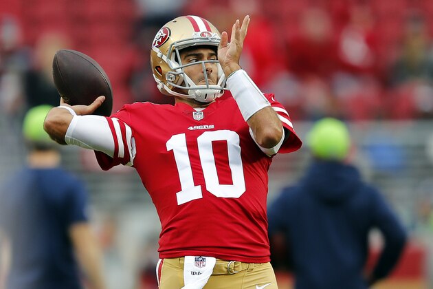 San Francisco 49ers quarterback Jimmy Garoppolo warms up before an NFL football game against the Seattle Seahawks Sunday, Nov. 26, 2017, in Santa Clara, Calif. (AP Photo/John Hefti)
