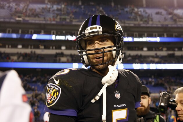 BALTIMORE, MD - NOVEMBER 27: Quarterback Joe Flacco #5 of the Baltimore Ravens walks off the field after a 23-16 win over the Houston Texans at M&T Bank Stadium on November 27, 2017 in Baltimore, Maryland. (Photo by Scott Taetsch/Getty Images)
