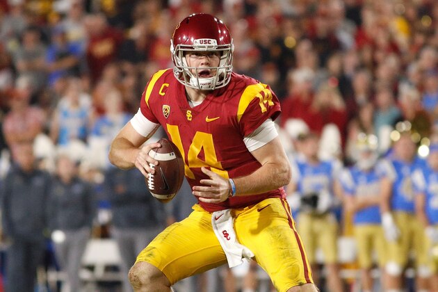 LOS ANGELES, CA - NOVEMBER 18: Sam Darnold #14 of the USC Trojans prepares to pass the ball during the NCAA college football game against the UCLA Bruins at the Los Angeles Memorial Coliseum on November 18, 2017 in Los Angeles, California.  (Photo by Josh Lefkowitz/Getty Images)