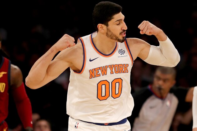 NEW YORK, NY - NOVEMBER 13:  Enes Kanter #00 of the New York Knicks celebrates his shot in the first half against the Cleveland Cavaliers at Madison Square Garden on November 13, 2017 in New York City. NOTE TO USER: User expressly acknowledges and agrees that, by downloading and or using this Photograph, user is consenting to the terms and conditions of the Getty Images License Agreement  (Photo by Elsa/Getty Images)