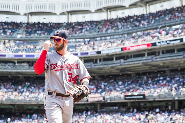 NEW YORK, NY - JUNE 10: Bryce Harper #34 of the Washington Nationals walks off the field during the game against the New York Yankees at Yankee Stadium on June 10, 2015 in the Bronx borough of New York City. (Photo by Rob Tringali/SportsChrome/Getty Images)