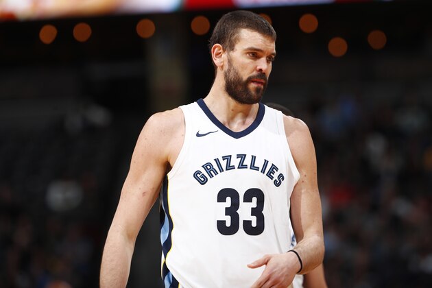 Memphis Grizzlies center Marc Gasol (33) in the second half of an NBA basketball game Friday, Nov. 24, 2017, in Denver. The Nuggets won 104-92. (AP Photo/David Zalubowski)