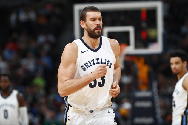 Memphis Grizzlies center Marc Gasol (33) in the first half of an NBA basketball game Friday, Nov. 24, 2017, in Denver. (AP Photo/David Zalubowski)