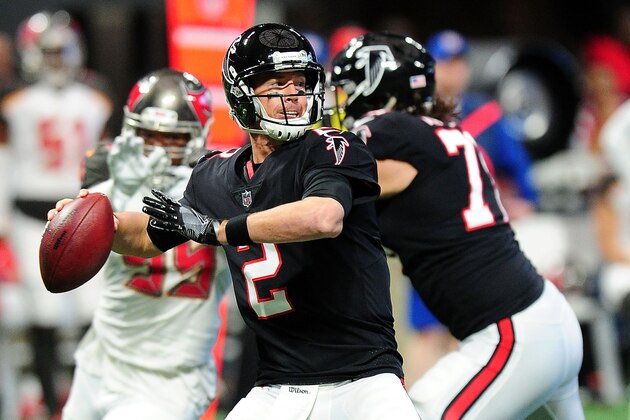 ATLANTA, GA - NOVEMBER 26: Matt Ryan #2 of the Atlanta Falcons throws a pass during the first half against the Tampa Bay Buccaneers at Mercedes-Benz Stadium on November 26, 2017 in Atlanta, Georgia. (Photo by Scott Cunningham/Getty Images)