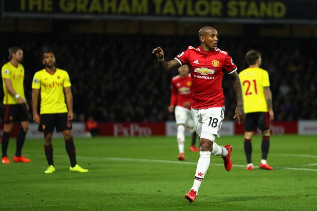 WATFORD, ENGLAND - NOVEMBER 28:  Ashley Young of Manchester United celebrates scoring the first goal during the Premier League match between Watford and Manchester United at Vicarage Road on November 28, 2017 in Watford, England.  (Photo by Richard Heathcote/Getty Images)