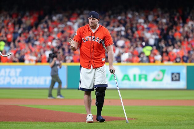 HOUSTON, TX - OCTOBER 27: NFL player J.J. Watt of the Houston Texans throws out the ceremonial first pitch before game three of the 2017 World Series between the Houston Astros and the Los Angeles Dodgers at Minute Maid Park on October 27, 2017 in Houston, Texas. (Photo by Tom Pennington/Getty Images) HOUSTON, TX - OCTOBER 27: NFL player J.J. Watt of the Houston Texans throws out the ceremonial first pitch before game three of the 2017 World Series between the Houston Astros and the Los Angeles Dodgers at Minute Maid Park on October 27, 2017 in Houston, Texas. (Photo by Tom Pennington/Getty Images)