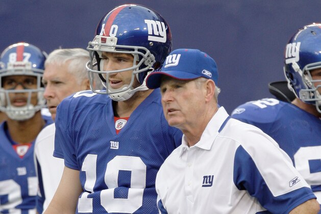 ** FILE ** In this Aug. 28, 2008 file photo, New York Giants quarterback Eli Manning (10) talks with coach Tom Coughlin during warmups before the Giants faced the New England Patriots in an NFL preseason football game at Giants Stadium in East Rutherford, N.J.  A quarter into the NFL season, the New York Giants have gone from a team many doubted could win their division to one many are saying is the best in the NFL. Not bad for the defending Super Bowl champions.  (AP Photo/Kathy Willens, File)