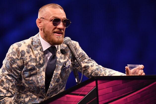 LAS VEGAS, NV - AUGUST 25:  Conor McGregor speaks to the media during a news conference after Mayweather's 10th-round TKO victory in their super welterweight boxing match on August 26, 2017 at T-Mobile Arena in Las Vegas, Nevada. (Photo by Jeff Bottari/Zuffa LLC/Zuffa LLC via Getty Images)