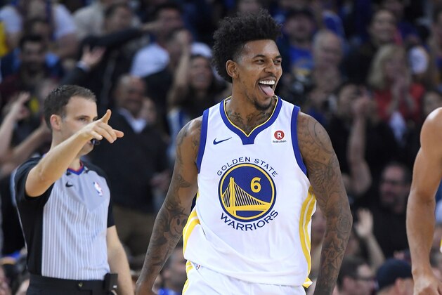 OAKLAND, CA - NOVEMBER 11:  Nick Young #6 of the Golden State Warriors reacts after making a three-point shot against the Philadelphia 76ers during an NBA basketball game at ORACLE Arena on November 11, 2017 in Oakland, California. NOTE TO USER: User expressly acknowledges and agrees that, by downloading and or using this photograph, User is consenting to the terms and conditions of the Getty Images License Agreement.  (Photo by Thearon W. Henderson/Getty Images)