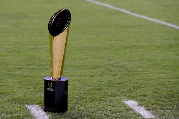 TAMPA, FL - JANUARY 09:  The College Football Playoff National Championship Trophy presented by Dr Pepper is seen prior to the 2017 College Football Playoff National Championship Game between the Alabama Crimson Tide and the Clemson Tigers at Raymond James Stadium on January 9, 2017 in Tampa, Florida.  (Photo by Kevin C. Cox/Getty Images)