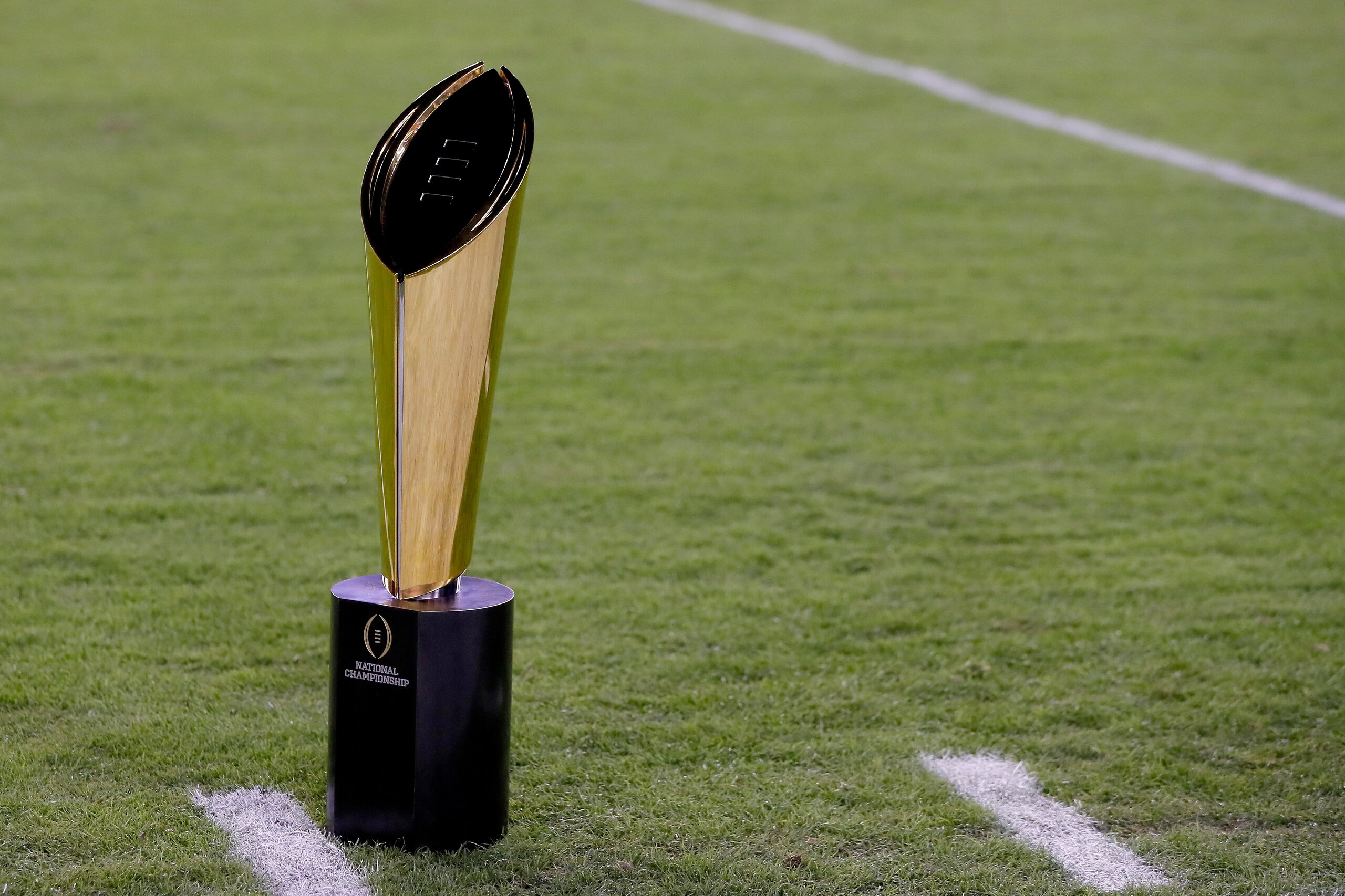 TAMPA, FL - JANUARY 09:  The College Football Playoff National Championship Trophy presented by Dr Pepper is seen prior to the 2017 College Football Playoff National Championship Game between the Alabama Crimson Tide and the Clemson Tigers at Raymond James Stadium on January 9, 2017 in Tampa, Florida.  (Photo by Kevin C. Cox/Getty Images)
