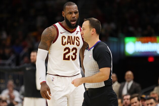 CLEVELAND, OH - NOVEMBER 28:  LeBron James #23 of the Cleveland Cavaliers argues after being ejected in the second half by referee Kane Fitzgerald #5 while playing the Miami Heat  at Quicken Loans Arena on November 28, 2017 in Cleveland, Ohio. Cleveland won the game 108-97. NOTE TO USER: User expressly acknowledges and agrees that, by downloading and or using this photograph, User is consenting to the terms and conditions of the Getty Images License Agreement.  (Photo by Gregory Shamus/Getty Images)