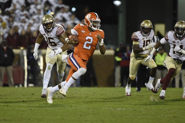 Clemson quarterback Kelly Bryant (2) runs for yardage during the second half of an NCAA college football game against Florida State, Saturday, Nov. 11, 2017, in Clemson, S.C. Clemson won 31-14. (AP Photo/Rainier Ehrhardt)