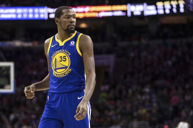 Golden State Warriors' Kevin Durant looks on during the first half of an NBA basketball game against the Philadelphia 76ers, Saturday, Nov. 18, 2017, in Philadelphia. The Warriors won 124-116. (AP Photo/Chris Szagola) Golden State Warriors' Kevin Durant looks on during the first half of an NBA basketball game against the Philadelphia 76ers, Saturday, Nov. 18, 2017, in Philadelphia. The Warriors won 124-116. (AP Photo/Chris Szagola)