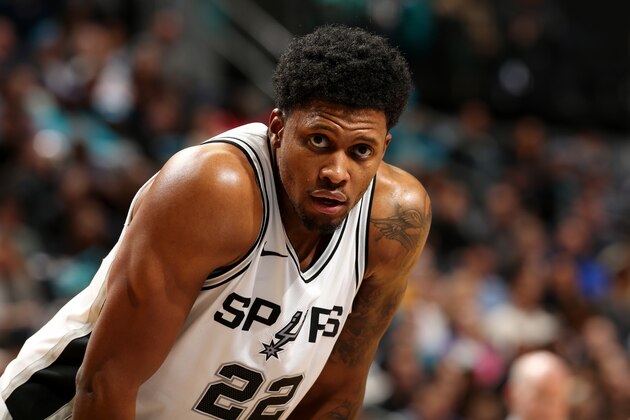 CHARLOTTE, NC - NOVEMBER 25: Rudy Gay #22 of the San Antonio Spurs looks on during the game against the Charlotte Hornets on November 25, 2017 at Spectrum Center in Charlotte, North Carolina. NOTE TO USER: User expressly acknowledges and agrees that, by downloading and or using this photograph, User is consenting to the terms and conditions of the Getty Images License Agreement.  Mandatory Copyright Notice:  Copyright 2017 NBAE (Photo by Kent Smith/NBAE via Getty Images)