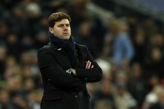 Tottenham Hotspur's Argentinian head coach Mauricio Pochettino looks on during the English Premier League football match between Tottenham Hotspur and West Bromwich Albion at Wembley Stadium in London, on November 25, 2017. / AFP PHOTO / Ian KINGTON / RESTRICTED TO EDITORIAL USE. No use with unauthorized audio, video, data, fixture lists, club/league logos or 'live' services. Online in-match use limited to 75 images, no video emulation. No use in betting, games or single club/league/player publications.  /         (Photo credit should read IAN KINGTON/AFP/Getty Images)