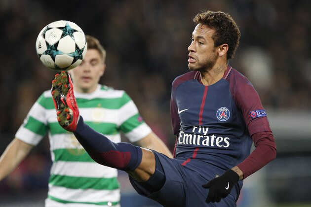 PSG's Neymar kicks the ball during a Champions League Group B soccer match between Paris St. Germain and Celtic at the Parc des Princes stadium in Paris, France, Wednesday, Nov. 22, 2017. (AP Photo/Christophe Ena)