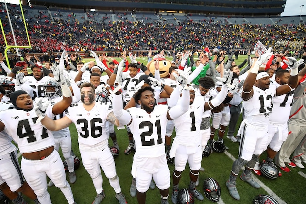 ANN ARBOR, MI - NOVEMBER 25: Ohio State Buckeyes celebrate victory over Michigan Wolverines, Ohio State Buckeyes won 31 to 20 on November 25, 2017 at Michigan Stadium in Ann Arbor, Michigan. (Photo by Gregory Shamus/Getty Images)