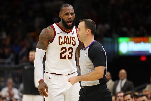 CLEVELAND, OH - NOVEMBER 28:  LeBron James #23 of the Cleveland Cavaliers argues after being ejected in the second half by referee Kane Fitzgerald #5 while playing the Miami Heat  at Quicken Loans Arena on November 28, 2017 in Cleveland, Ohio. Cleveland won the game 108-97. NOTE TO USER: User expressly acknowledges and agrees that, by downloading and or using this photograph, User is consenting to the terms and conditions of the Getty Images License Agreement.  (Photo by Gregory Shamus/Getty Images)