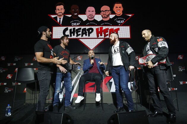 IMAGE DISTRIBUTED FOR 2K GAMES - WWE Superstars Seth Rollins, Dean Ambrose, Cesaro and Sheamus are seen at the WWE 2K18 SummerSlam Kickoff Event with WWE Network Host Peter Rosenberg on Friday, Aug. 18, 2017, in New York. (Photo by Adam Hunger/Invision for 2K Games/AP Images)