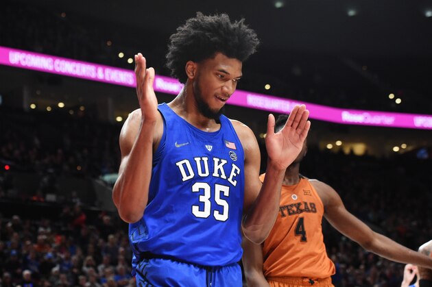 PORTLAND, OR - NOVEMBER 24: Marvin Bagley III #35 of the Duke Blue Devils reacts after scoring late in the second half of the game against the Texas Longhorns during the PK80-Phil Knight Invitational presented by State Farm at the Moda Center on November 24, 2017 in Portland, Oregon. Duke won the game 85-78. (Photo by Steve Dykes/Getty Images)